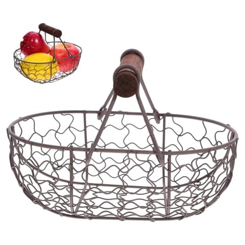 Yardwe Kitchen Storage Metal Wire Egg Basket Rusty Round Chicken Wire Egg Baskets Rustic Gathering Baskets Cover