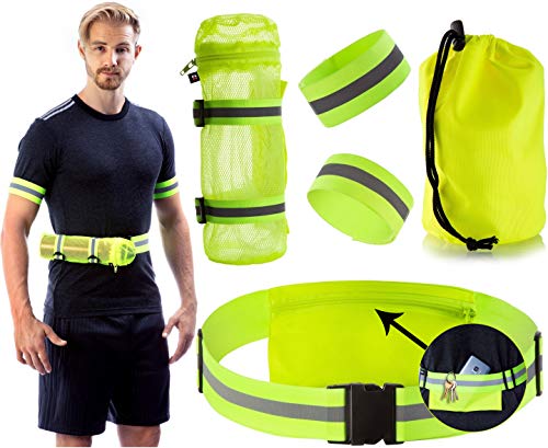 Reflective Belt for Running or Cycling Safety Gear with Back Pocket - Water Bottle Holder - Outdoor Reflector Wrist Arm Ankle Band Set