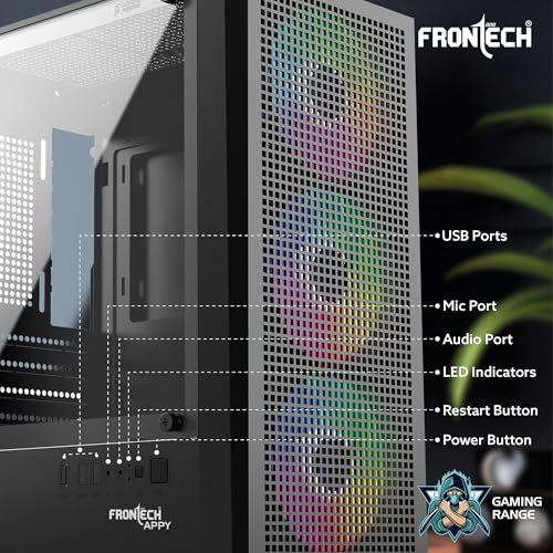 Image of Frontech Appy Gaming Computer Cabinet - Tempered Glass Side Panel, 3x120mm Pre-Installed LED Fans, Mini-HTX /Micro-ATX Support, USB 3.0, HD Audio, Washable Dust Filter (FT-4389)
