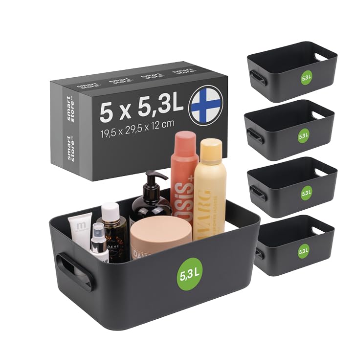 SmartStore Aufbewahrungsbox 5× 5.3 L | Klein M Aufbewahrungskorb mit Griffen für Küche, Badezimmer, Büro-Organizer, Regal Kunststoffbox | Blau Organizer mit 10 Jahren Garantie| L29.5 × W19.5 × H12 cm