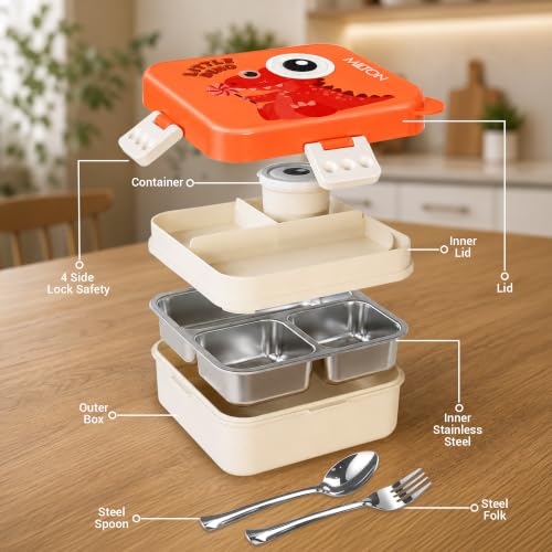 Image of MILTON Dino Pop Bento Stainless Steel Lunch Box, 3 Compartments, 4-Side Lock, with Tray, Spoon, Fork & Container for School, Office, Travel, BPA Free, 1120 ml + 70 ml, Peach