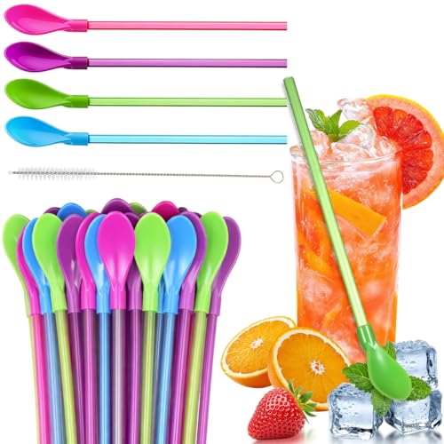 25 Pièces Cuillère Paille Reutilisable,Pailles Cuillère 2 En 1,Plastique Dur Colorées Granité Cuillères,Avec Goupillon De Nettoyage,Pour Slush,Glaces En...
