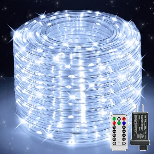Ccinny 50ft LED Rope Lights with Remote, 300 LED IP68 Waterproof Rope Lights with Plug & Timer, Rope Lights for Outside, Indoor, Patio, Pool, Bedroom, Party, Indoor Decoration (White)