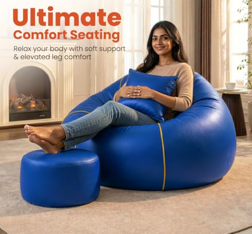 Image of Sattva Piping 4XL Sofa Style Bean Bag with Beans Filled | Faux Leather Bin Bags Sofa Combo + Footstool & Cushion | Filled Beanbags for Adults & Teens | Beans Bag with Beans - Royal Blue /Yellow Piping