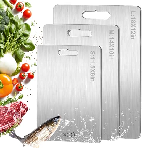 Image of Titanium Cutting Board Set of 3,100% Pure Titanium Cutting Boards for Kitchen, Double Sided Food-Grade Chopping Board for Cutting Meat Vegetable Fruit, Dishwasher Safe