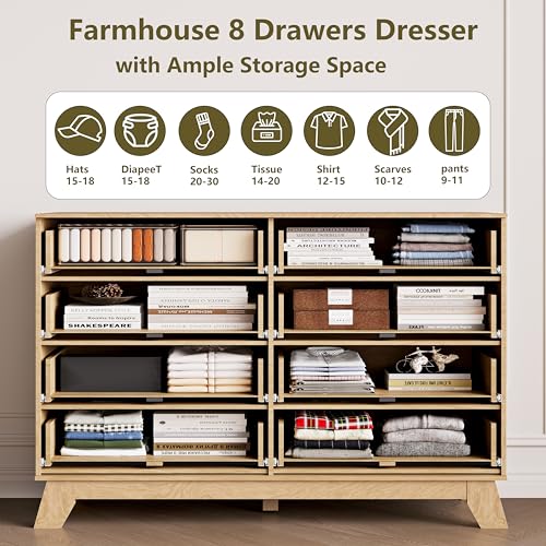 Image of HUANLEGO 48 inch W Tall Fluted Dresser for Bedroom with 8 Drawer, Oak | Mid Century Modern Dresser for Closet, Anti-Tipping Design, Wooden Dressers & Chest of Drawers for Living Room, Home Office
