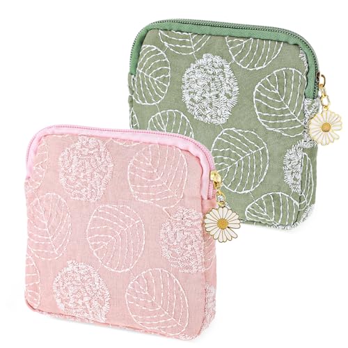Image of TIESOME 2 Pcs Daisy Embroidery Sanitary Napkin Storage Bags, Menstrual Cup Pouch, Cotton Soft Period Holder, Portable Tampon Holder, Pad Pouch, Period Kit Bag for Women & Teen Girls (Green+Light Pink)