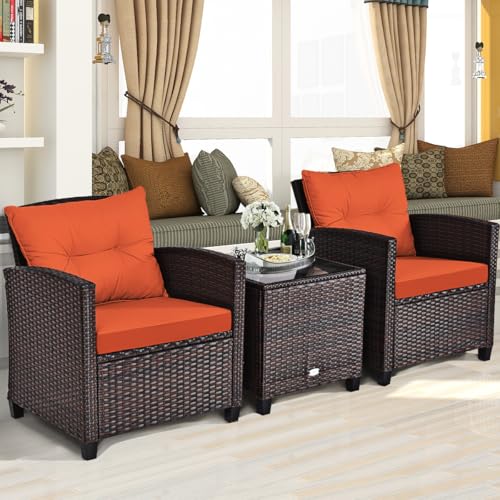 Image of Tangkula 3 Pieces Patio Furniture Set, PE Rattan Wicker 3 Pcs Outdoor Sofa Set w /Washable Cushion and Tempered Glass Tabletop, Conversation Furniture for Garden Poolside Balcony (Orange)