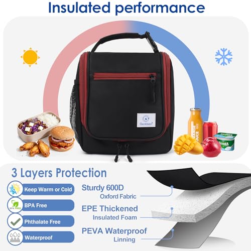Image of Genteen Kids Lunch Box, Insulated Lunch Bag for Kids, Toddler, Girl, and Boy; Holds Lunch Box, Water Bottle, & Snacks; Easy-Clean Water-Resistant Fabric & Multiple Zippered Pockets (Black)