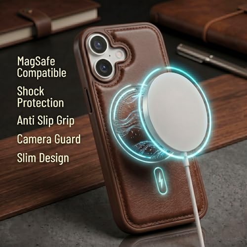Image of amazon basics Premium PU Leather Case for iPhone 16, MagSafe Compatible Magnetic Ring, Sleek Protective Back Cover - [Brown]