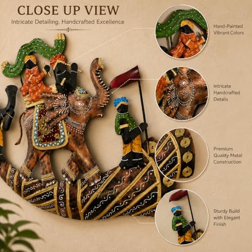 Image of iHandikart Handmade Metal Wall Art for Home Decor | 24 x 16 Inch Rajasthani Elephant Ride Wall Sculpture | Traditional Indian Iron Wall Hanging Artwork for Living Room, Bedroom, Hallway & Entryway