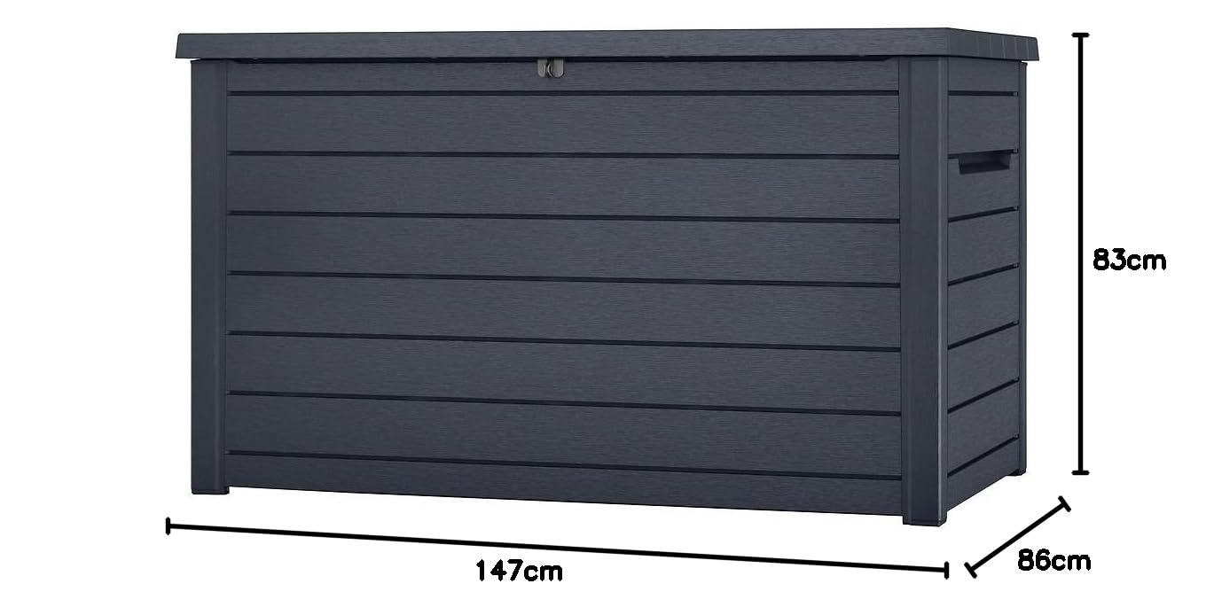 Koll Living Auflagenbox/Kissenbox Goliath XXL 870 Liter Farbe : Graphit l 100% Wasserdicht l mit Belüftung dadurch kein übler Geruch/Schimmel l Moderne Holzoptik l Deckel belastbar bis 50 KG