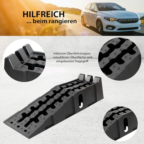 TRUTZHOLM 2 x Auffahrrampe Auffahrkeil mit Überfahrstopper 90 x 30 x 21,5 cm hochbelastbar 5t Traglast Kunststoff Stapelbar für Wohnmbil PKW SUV rutschfeste Rampe für jeden Untergrund schwarz