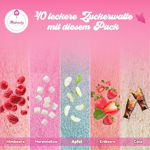 Misskandy®- Zuckerwatte Zucker 5X160Gr (Natürliche Aromen und Farben) Erdbeer-Cola-Apfel-Marshmallow-Himbeere/Zuckerwattemaschine/ + 20 Sticks (kostenlos) – Bild 4