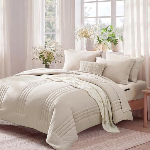 Image of Monbix Super King Plus Size Comforter Set - 7 Pieces Apricot Beige Bed in a Bag Super King Plus Bedding Sets with Comforters, All Seasons Comforter Bed Set with Sheets,Pillowcases & Shams