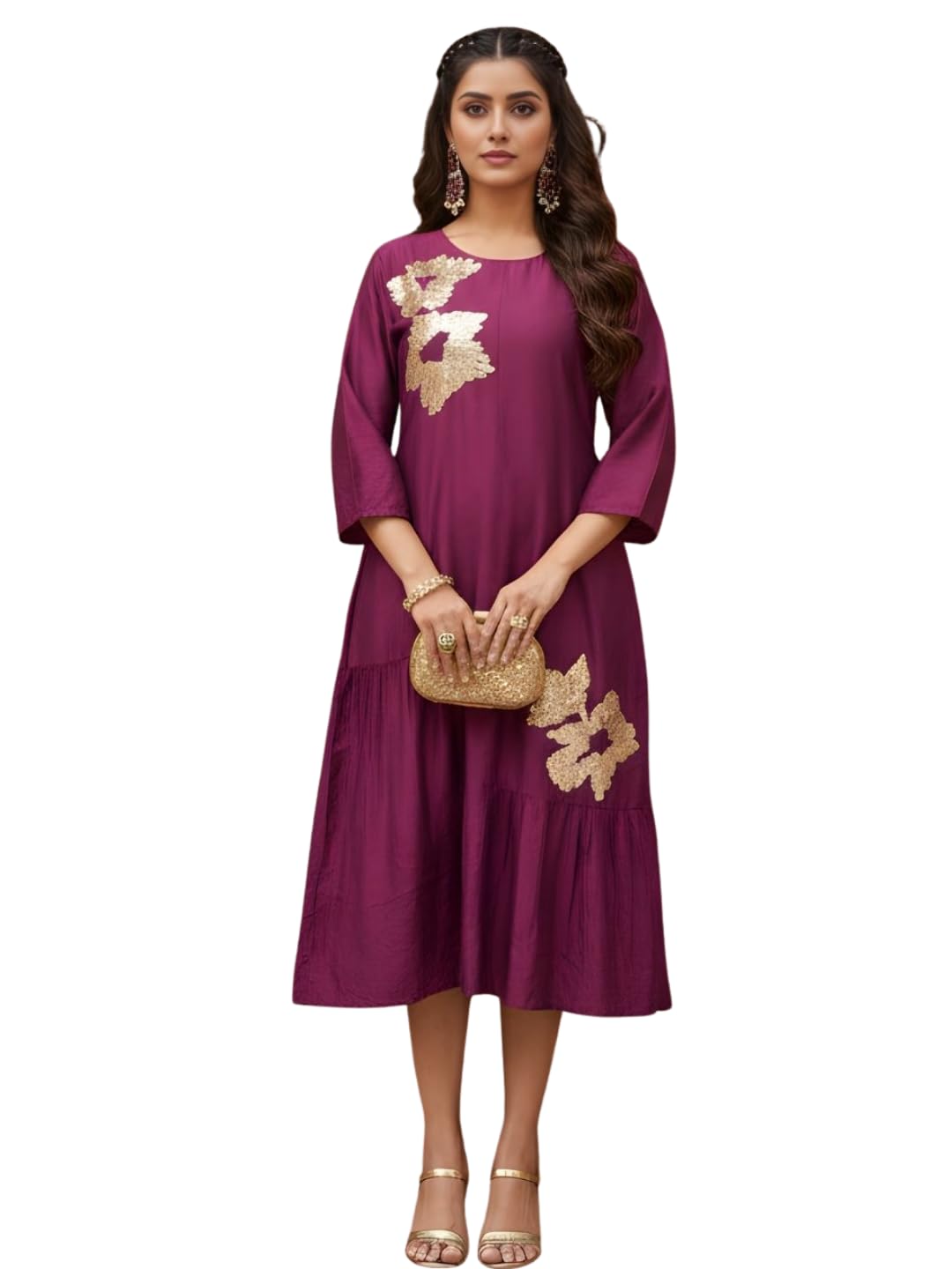 Women's Black Sequin Embroidered Gathered A-Line Dress | Round Neck 3/4 Sleeve Midi Dress with Pockets | Elegant Dress for Office, Casual & Night Out Wear-image-42