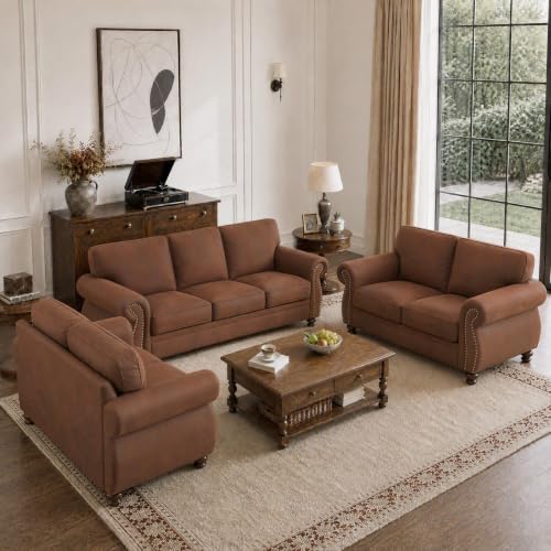 Image of Couchus 88 inchW Living Room Furniture Sets, 3-Seater&2 Loveseat, Caramel Rust