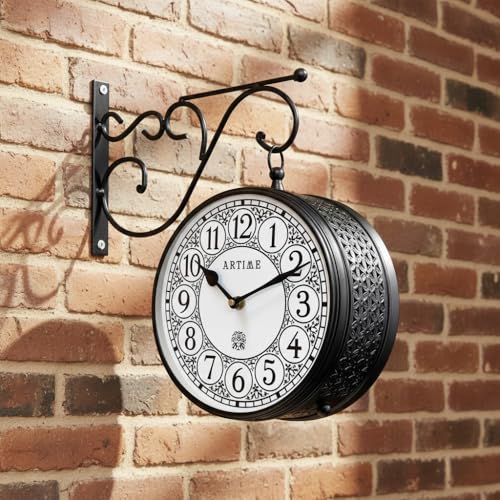 Image of Handcrafted Double Side Metal Analog Vintage Wall Clock | 1.5 Year Machine Warranty | 12 INCHES | 1 Side Number 1 Side Roman,Color Black