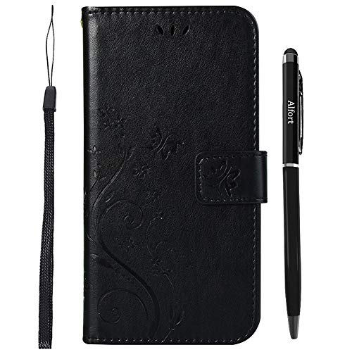 Galaxy A6 2018 Hülle, Galaxy A6 2018 Schutzhülle, Abafia Prämie PU Leder Handyhüle Stilvoll Geprägtes Schmetterlings mit Kartensteckplatz und Standfunktion (Schwarz) + Stylus Stift + Lanyard