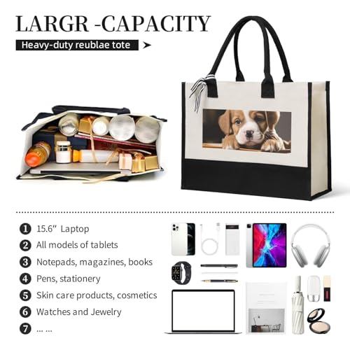 Canvas Tote Bag for Women Beach Tote Purse Reusable Grocery Bag Puppy Dog with Book Aesthetic Shopping Bags4