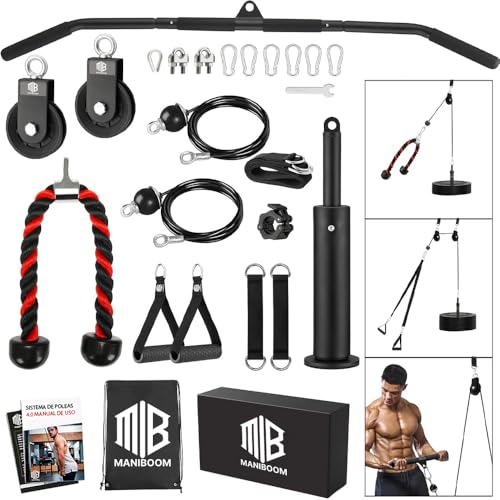 ManiBoom Polea Gimnasio Casa Multifuncional - Kit de Poleas de Musculacion Ajustable con Accesorios Barra 2 en 1 + Cuerda Triceps + Asas - Maquina Home Gym - Rack Pared Multigym