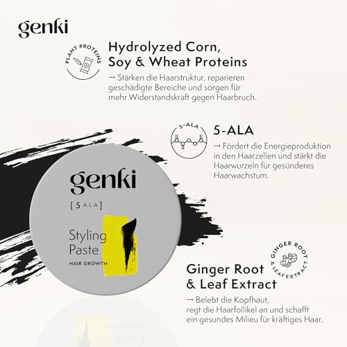 Genki Haircare Hair Growth Styling Paste für Männer und Frauen mit 5-ALA 100 ml Pflege und Styling Stärkt nachweislich das Haarwachstum Mittlerer Halt Haarwachs Haarstyling-Paste