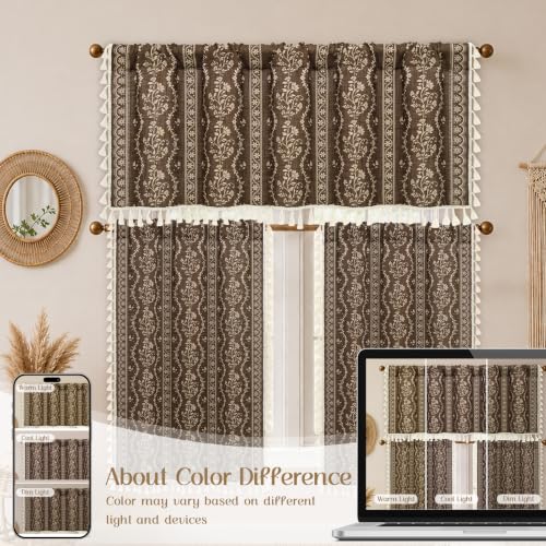 Image of Yinhua Boho Valance Curtains Vintage Linen Kitchen Valances for Windows Light Filtering Bohemian Floral Valance Rod Pocket Tassel Window Valances for Bathroom Cafe, 52 inch W X 18 inch L, Brown