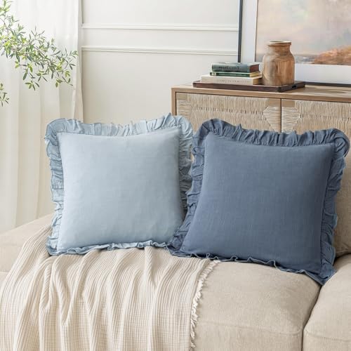 Image of Foindtower Set of 2 Decorative Linen Fringe Ruffle Throw Pillow Covers Soft Boho Farmhouse Cushion Cover Cozy Accent Retro Pillowcase for Couch Sofa Bed Living Room Home Decor,18x18 Inch,Coronet Blue