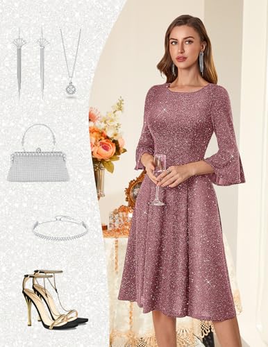 Image of HomRain Women's Church Dresses Modest Bell Sleeve Wedding Guest Cocktail Tea Party Vintage Evening Dress