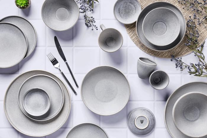 BJORN SR-LESTG26 Service de Vaisselle STONE GRIS LUNE, 18 Pièces, Grès avec Émail Réactif, Gris Clair, pour 6 Personnes, Compatible Lave-vaisselle et Micro-ondes