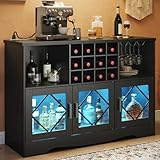 HOOBRO Bar Cabinet with Power Outlet, Liquor Cabinet with Wine Rack & Glass Holder, Freestanding Wine Cabinet with LED Light for Kitchen Living Room Dining Room, Black BK24UDJG01