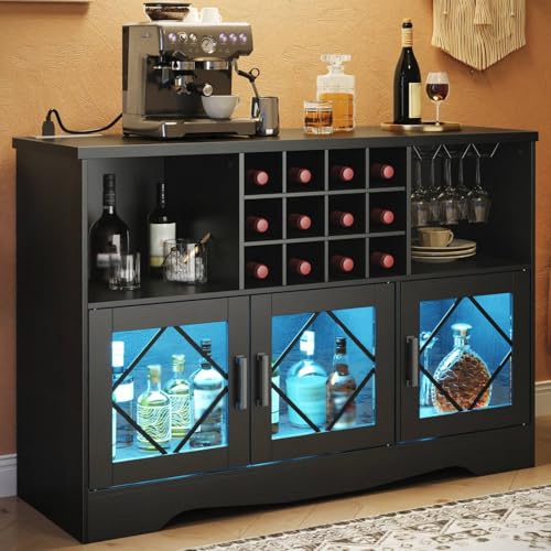 HOOBRO Bar Cabinet with Power Outlet, Liquor Cabinet with Wine