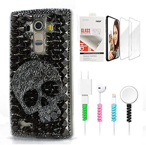STENES Bling Phone Case Compatible with LG Stylo 5 / Stylo 5V / Stylo 5 Plus - Stylish - 3D Handmade Sparkle Series Punk Big Skull Design Cover with Screen Protector & Cable Protector - Black