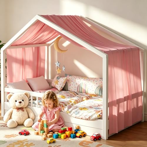 Kmhesvi Lit Cabane Enfant, Ciel de Lit Cabane avec 1 Pièces Rideaux, Baldaquin Ciel en Tissu Doux Respirant, Ensemble de Décoration pour Chambre Fille...