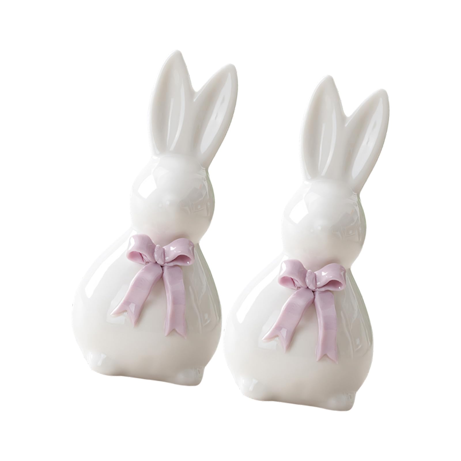 Piceioep 2 Pieces White Ceramic Hare Statues with and Soft Grape Ribbons Easter Decoration White Ceramic Lagomorph