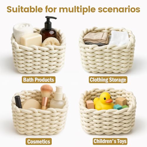 2 Stück Aufbewahrungskorb Geflochten Baumwolle Strickkorb, Quadratische Körbchen Geflochten Klein Wickeltisch Organizer, Korb Weiß für Schränke, Bad, Küche, Kinderzimmer-20 x 15 x 12 cm