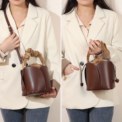 Vintage Women's Fashion Bucket Bag, Top Handle Handbag, PU Leather Drawstring Shoulder Crossbody Bag, Daily Commuter Bag2