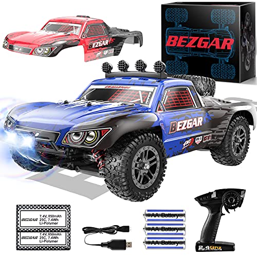 BEZGAR HS181 Hobby Grade 1:18 Scale Remote Control Monster Trucks-4WD Top Speed 35 Km h All Terrains Off Road Short Course Rc Truck,Waterproof RC Car with 2 Rechargeable Batterie for Kids and Adults