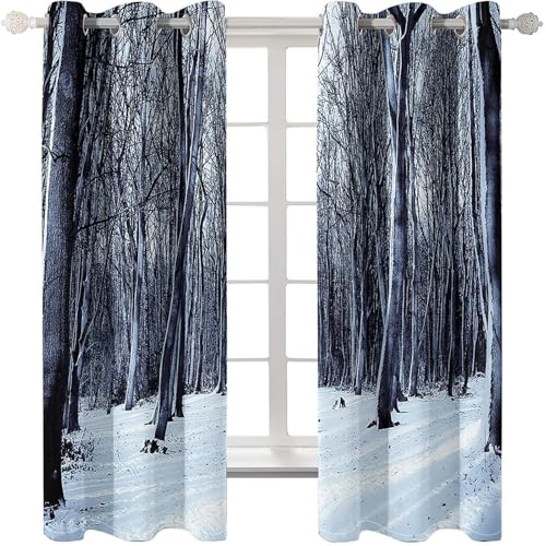Homxi Cortinas Dormitorio Blackout 2 Paneles,2 x 86W x 115H CM,Cortina de Ventana con Ojales Paisaje de Forestal Nevada Cortina de Ventana Blanco Gris