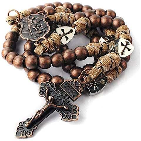 HanlinCC Large and Heavy Antique Copper Metal Beads Rugged Durable Paracord Rosary Necklace with St.Michael Center Piece and Pardon Crucifix for Men (Antique Copper St.Michael Paracord Rosary) Cover