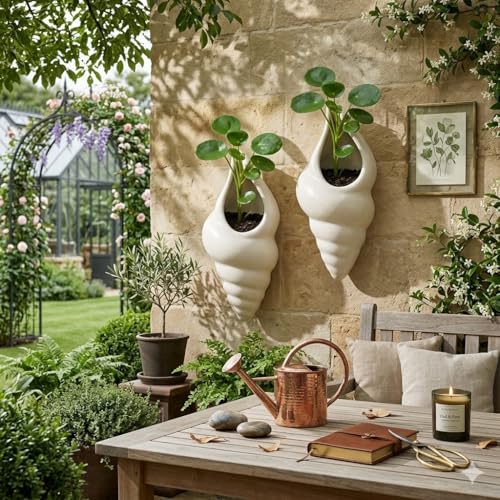 Image of JIYANSH Creation Ceramic Wall Planter Set of 2 - Modern Scalloped Hanging Flower Pot for Indoor Plants Succulents Air Plants - Half Moon Wall Vase (White)
