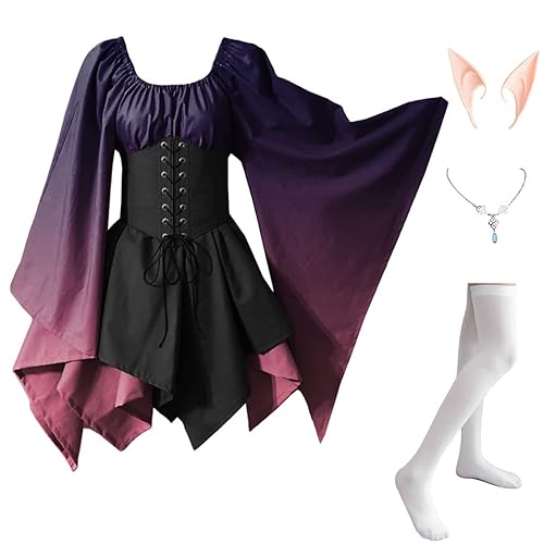 FMMOEK Women's Medieval Renaissance Costume Fairy Irish Victorian Gothic Dress Vintage Cosplay Lace Up Corset Dress - Small - Purpleblack