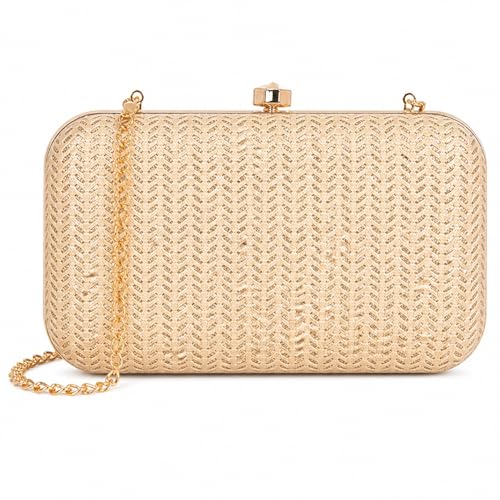 Image of Elegant Gold Evening Clutch for Women - Luxury Textured Hard Case Party Handbag with Detachable Chain Strap - Wedding Bridal Cocktail Purse