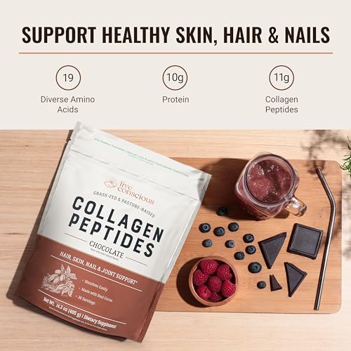 Image of Live Conscious Collagen Peptides Powder - Chocolate Collagen Powder - Hair, Skin, Nail, and Joint Support - Type I & III Grass-Fed Collagen Supplements for Women and Men - 30 Servings - 15oz