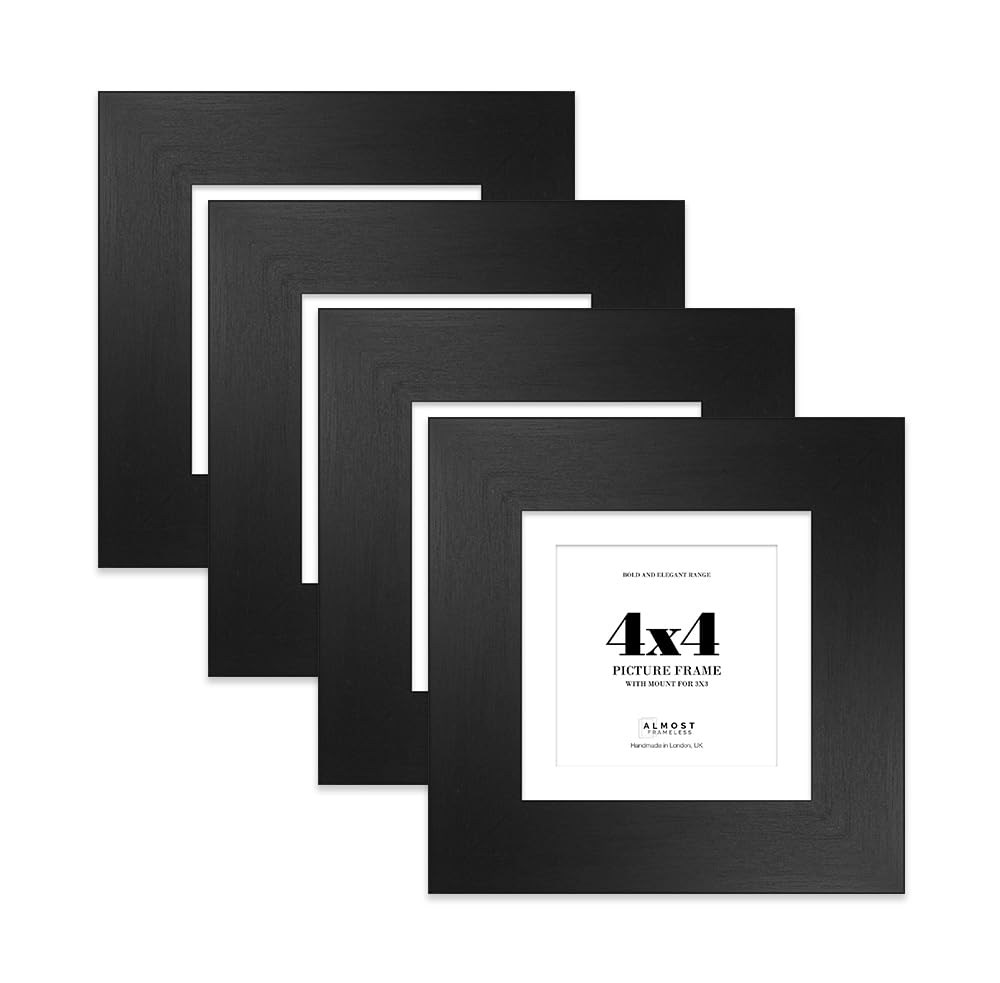 4x4" Black Square Frame With Mount for 3x3" Pictures 28mm Edge Frame Display with Wall Hooks and Kickstand, 4 Pack