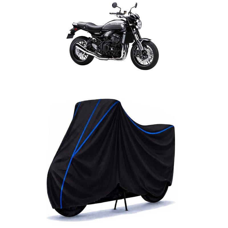 Image of Z 900 RS Bike Cover Water Resistant Universal Motorcycle Rain | Heavy Duty UV Protection, Dust, Scratch Indoor Outdoor All Weather with Black Blue Piping Elastic