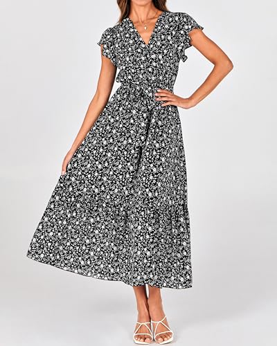Image of BTFBM Women Summer Bohemian Floral Casual Wrap V Neck Ruffle Cap Sleeveless Belt A-Line Pleated Hem Midi Sun Dress White