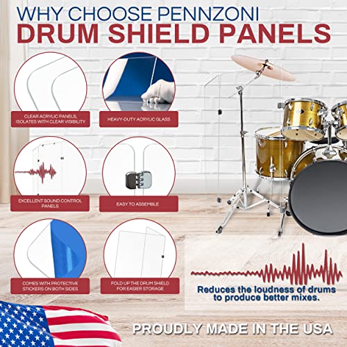 Pennzoni 4Ft Drum Shield W/Chrome Hinges, Comes W/ 4 Drum Panels, & 6 Chrome Hinges, Premium Clear Acrylic Panels, Drum Screen #TOP1