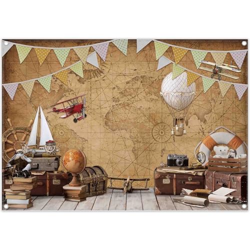 Luminora 2,1 x 1,5 mToile de Fond en Tissu pour Photographie de Voyage et d'aventure, Motif Carte du Monde Vintage, Avion, d'anniversaire pour Enfants, Baby...