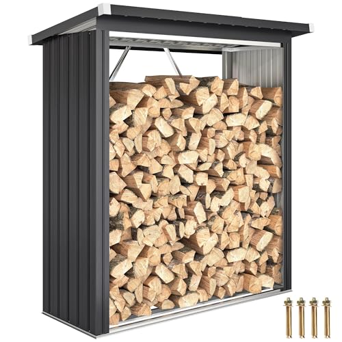Outsunny Leñera de exterior de acero galvanizado con base elevada y techo inclinado, leñera de exterior cobertizo para leña, montaje rápido, 0,9 m³, 150 x 66,5 x 150 cm, gris oscuro
